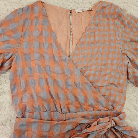 Talulah Women's Peach‎ & Blue Gingham Wrap Tie Waist Short Sleeve Romper. Size M - Picture 3 of 13
